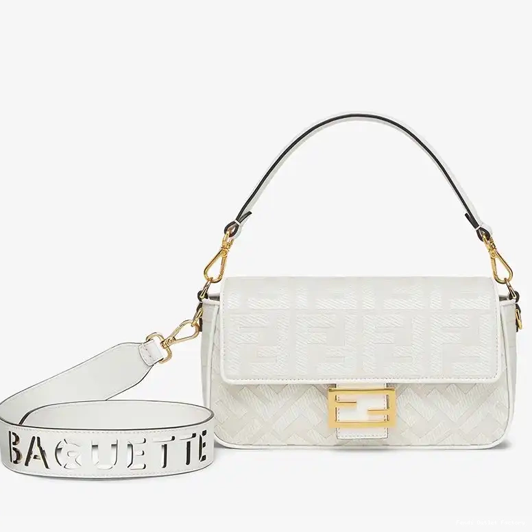 HOT White Motif FF Strap with In Laser Bag Medium Baguette Cut Canvas Fendi 0427